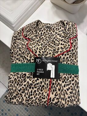 new directions Leopard Print Pajama Set with Red Trim